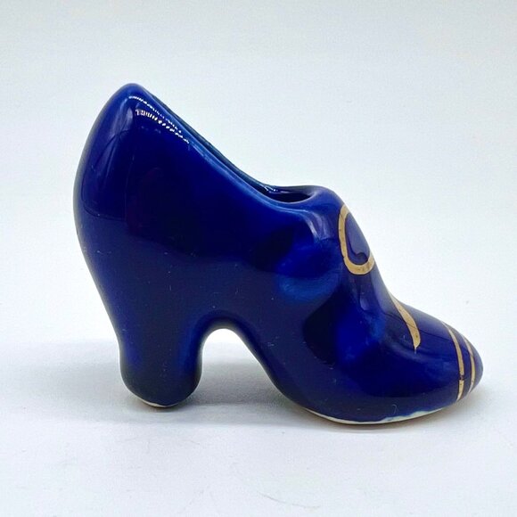 Vintage Blue Miniature Ceramic Shoe Figurine with Gold Bow Accents - Picture 4 of 8
